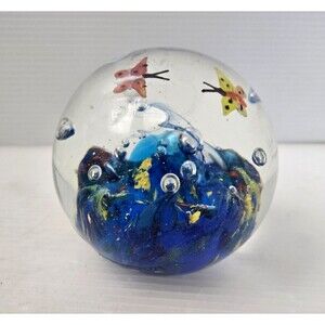Vintage Art Glass Paperweight Controlled Bubbles Butterflies Coral Reef Bermuda
